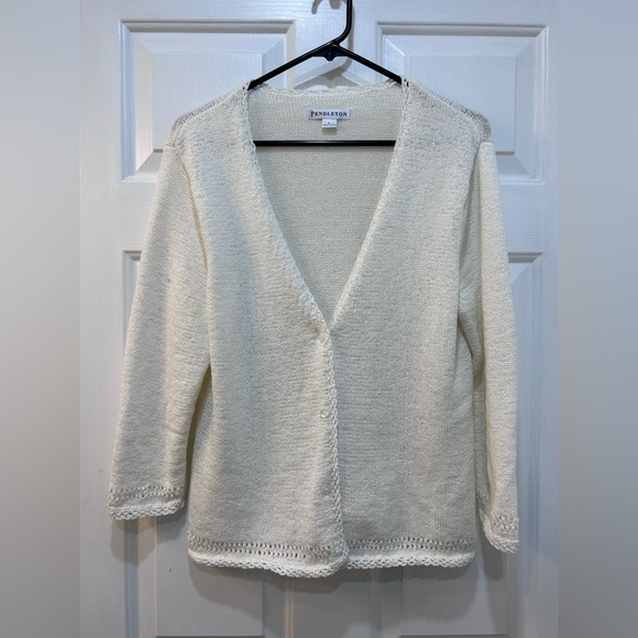 Pendleton Eyelet Trimmed Cardigan Ivory Button Front Coastal Grandma Women Sz L - Picture 1 of 8